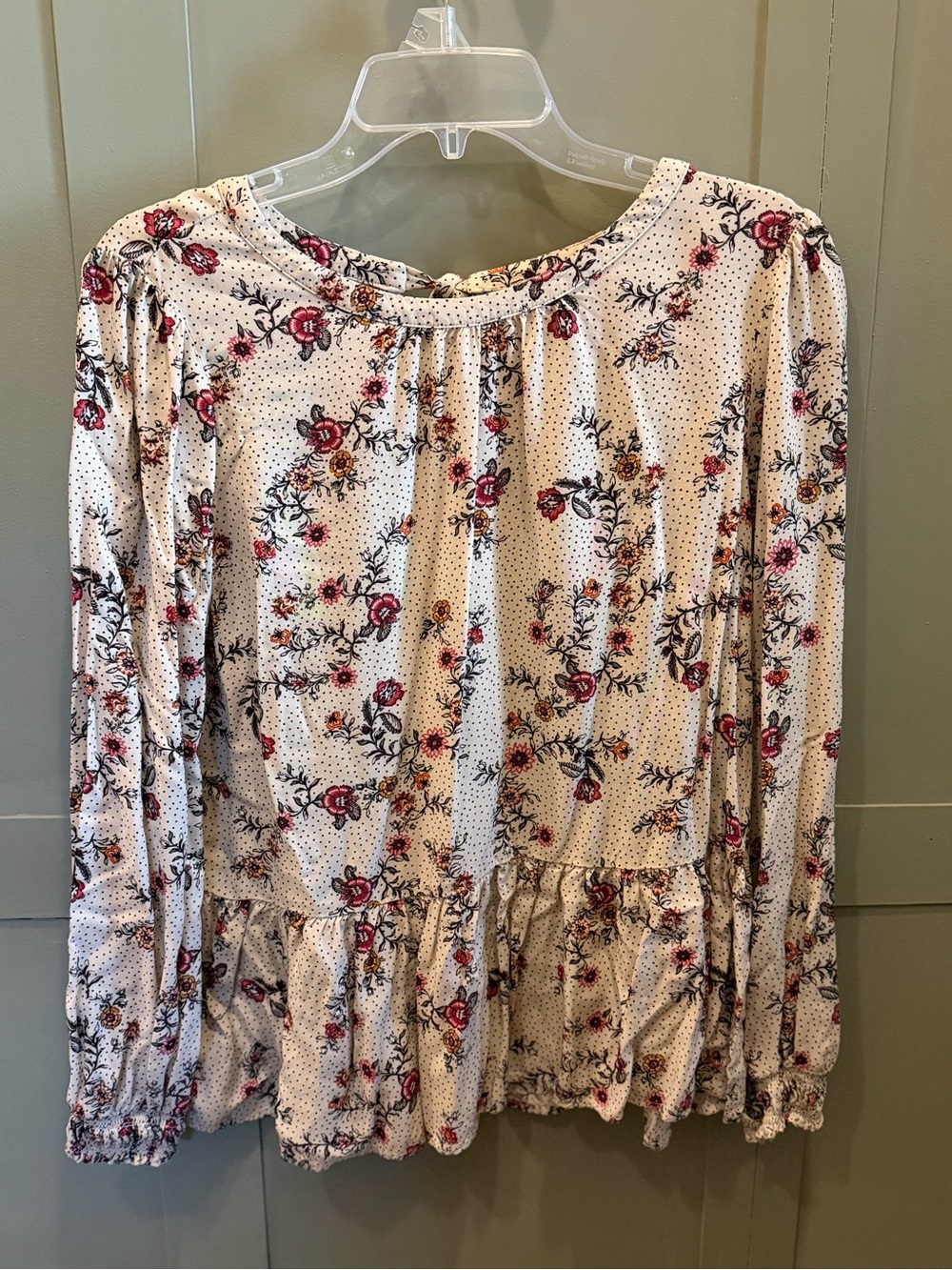 LOFT Cream Long-Sleeve Floral Peplum Top with Pink & Black Accents